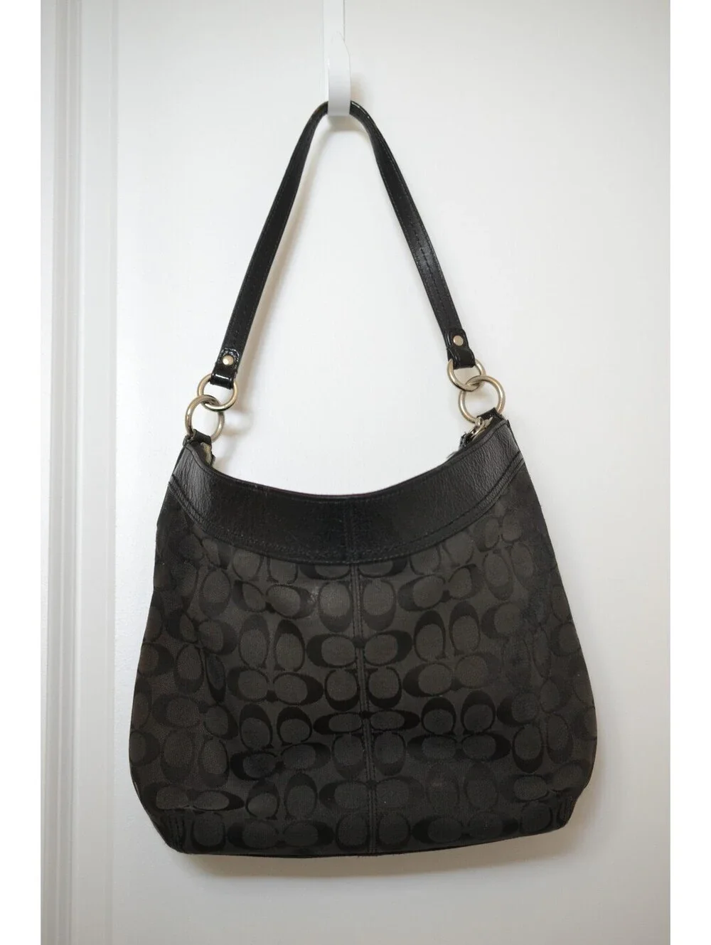 Coach F13744 Signature Pleated Hobo Shoulder Bag Black Gray Y2K 2009